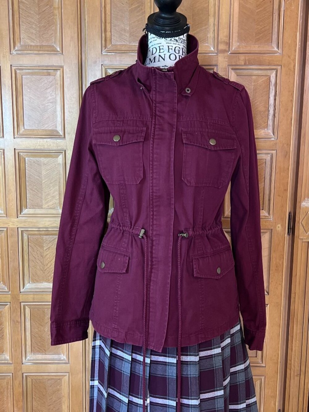 Womens Utility Jacket Maroon Cotton Zip Drawstring And Skirt Small